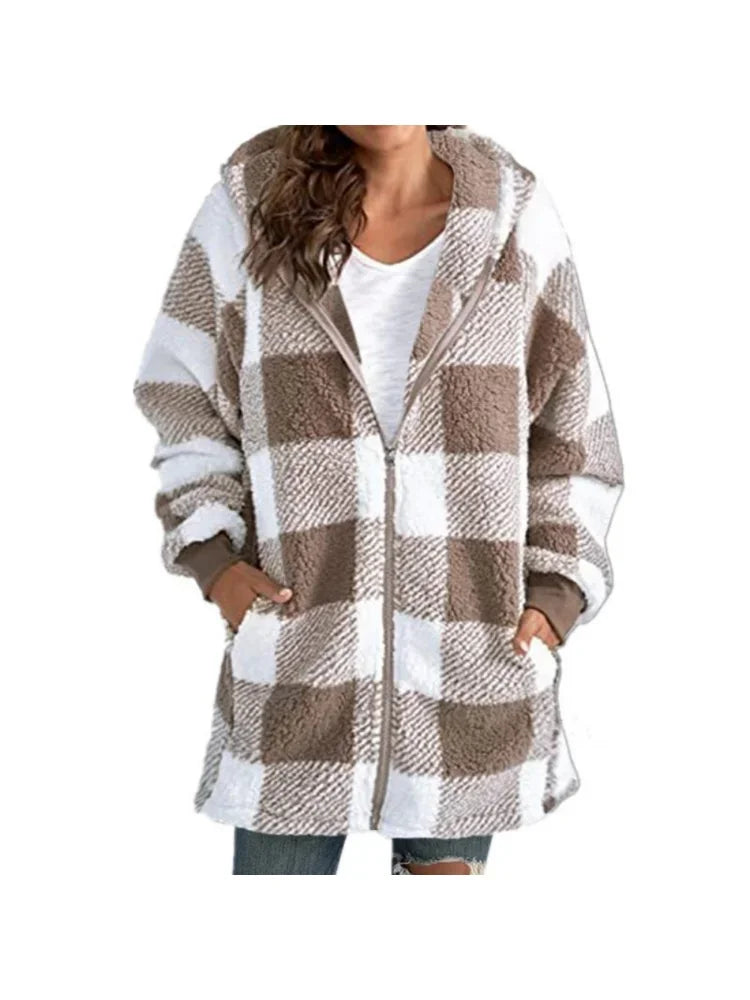 Plush women's coat 2026 long sleeve plaid hooded zipper loose coat with pocket coat women
