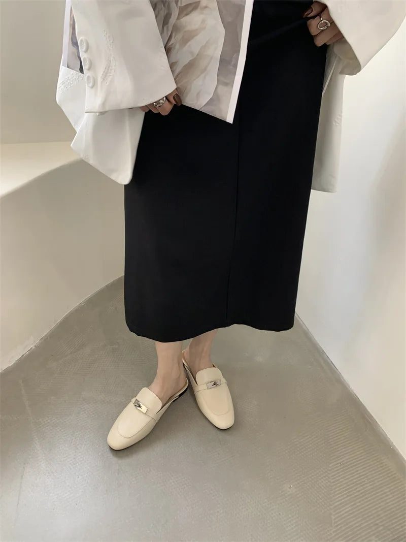 2025 Summer Autumn New Women's Leather Comfortable Slip On Slippers Daily Metal Decoration Casual Outside Mules Female Sandals