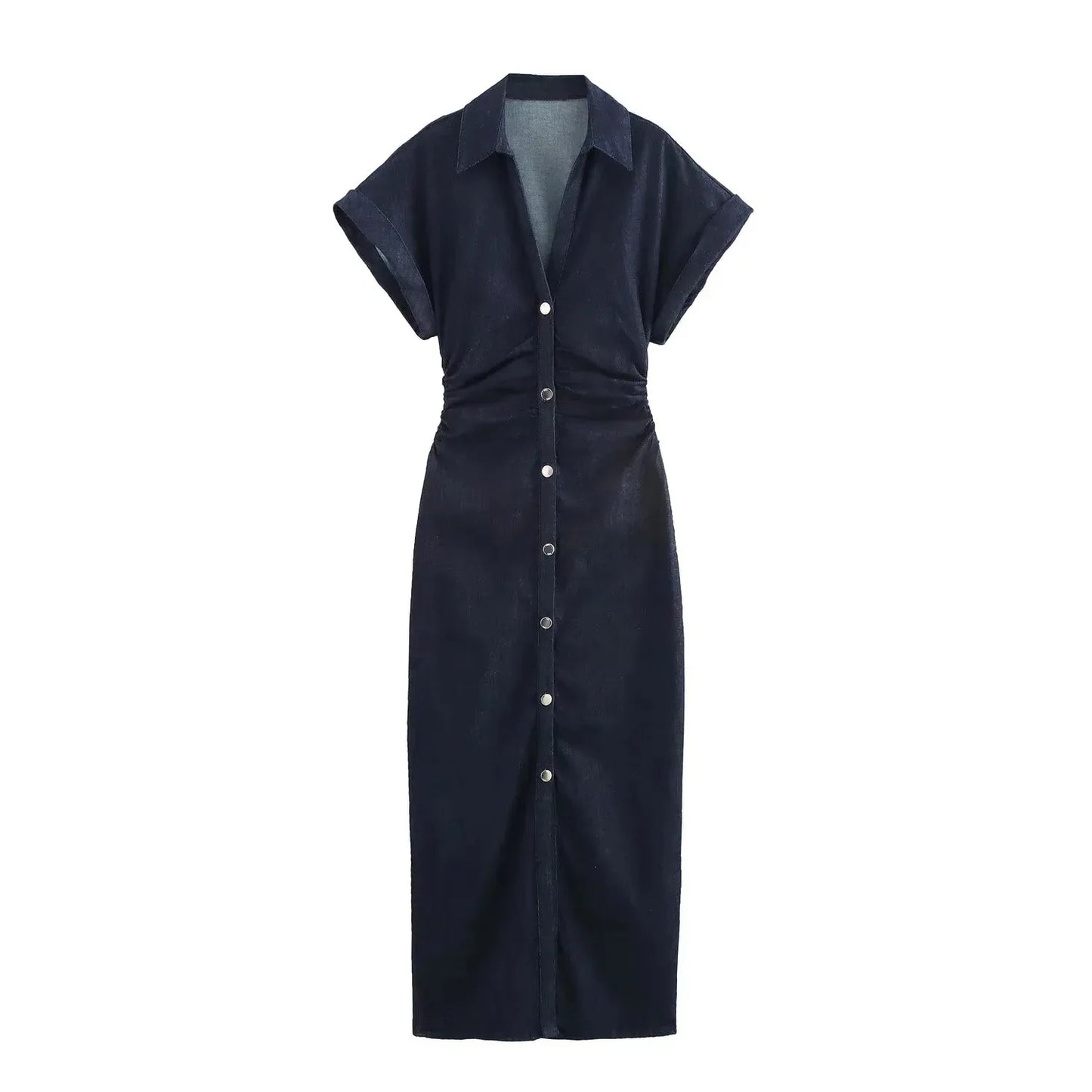 Denim Midi Dress - Women's Ruched Short Sleeve Casual Streetwear Dress