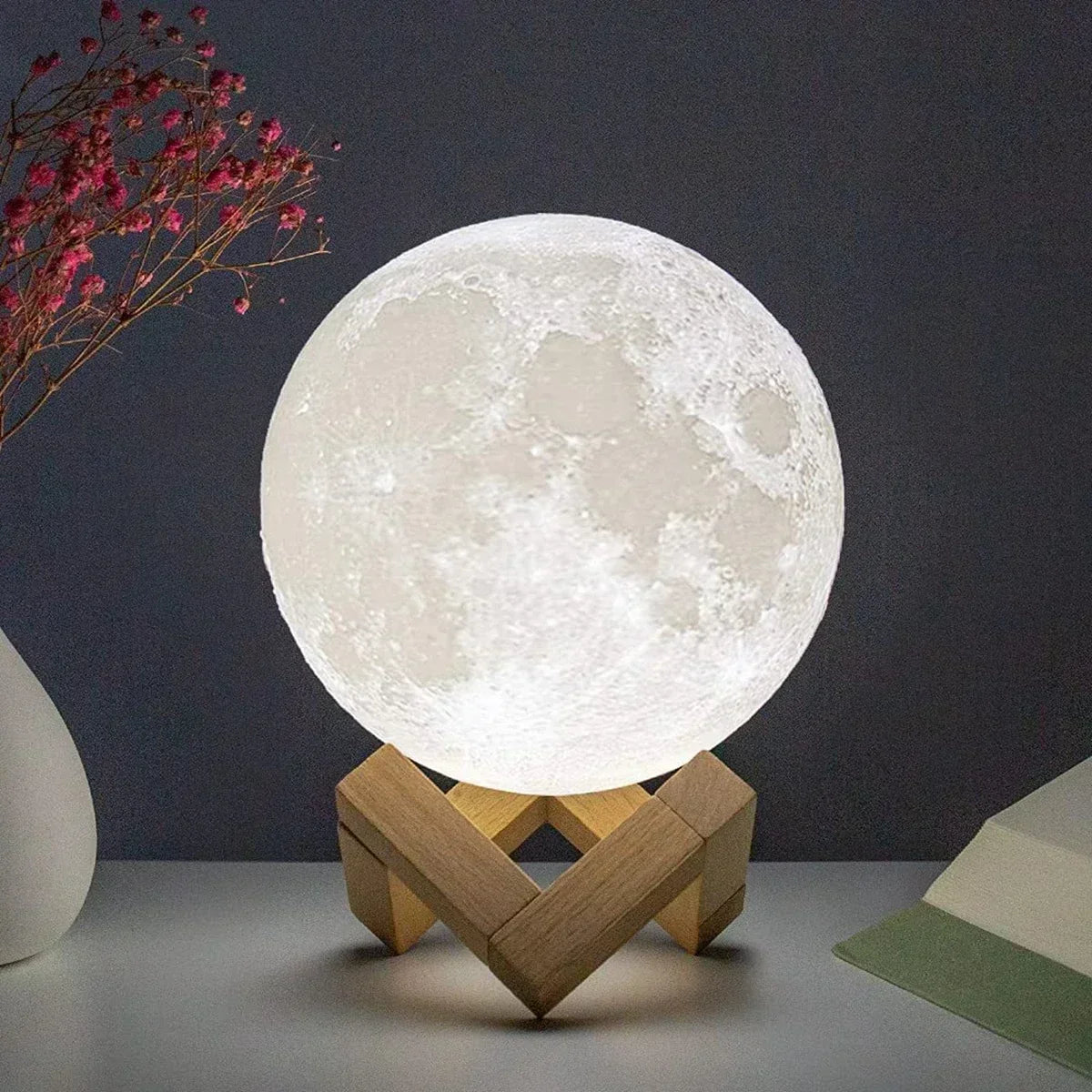 LED Moon Night Light 8cm - Battery Powered Starry Lamp with Stand for Bedroom Decor