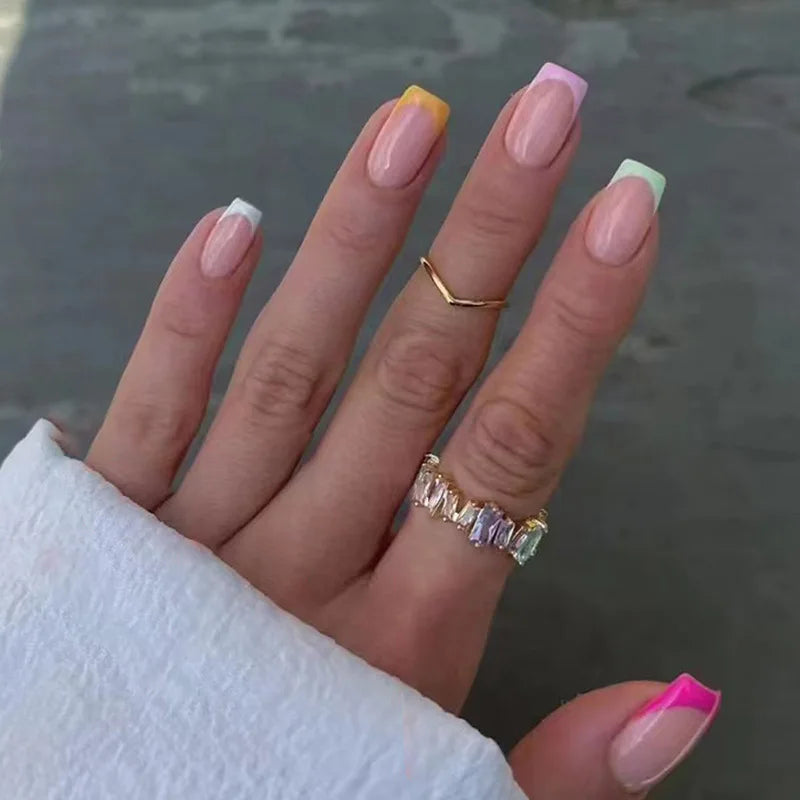 24Pcs French Tip Handmade Press On Nails Minimalist Solid Color Fake Nails Medium Square Full Cover Press On Nail Tips With Glue