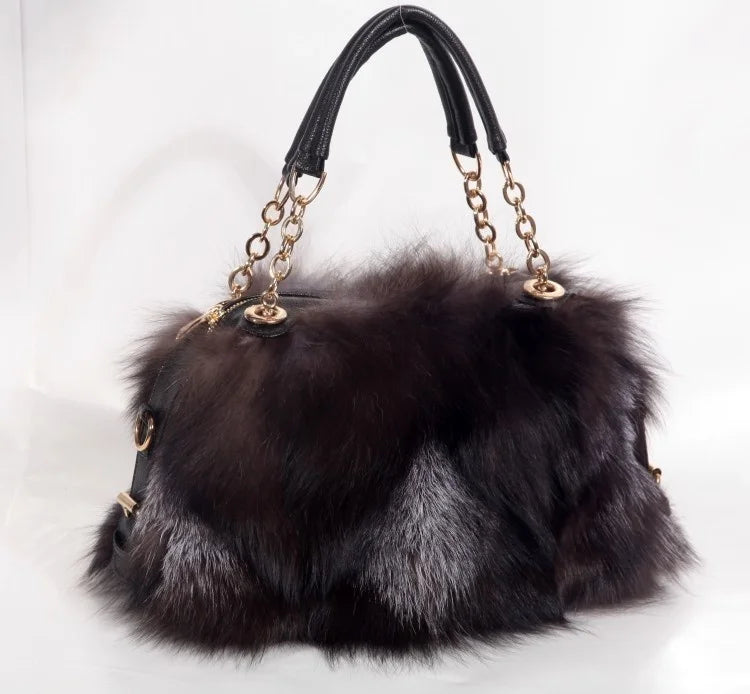 Real Fur Women Handbags Women Luxury Fox Fur Bag Fashion Female Furry Handbag Real Leather Evening Bag Natural Fur Shoulder Bag