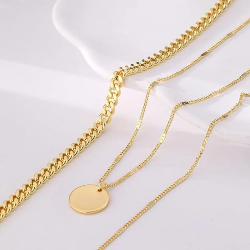 LENNIK European Layered Necklace - Brass Gold Plated Choker Chain Jewelry