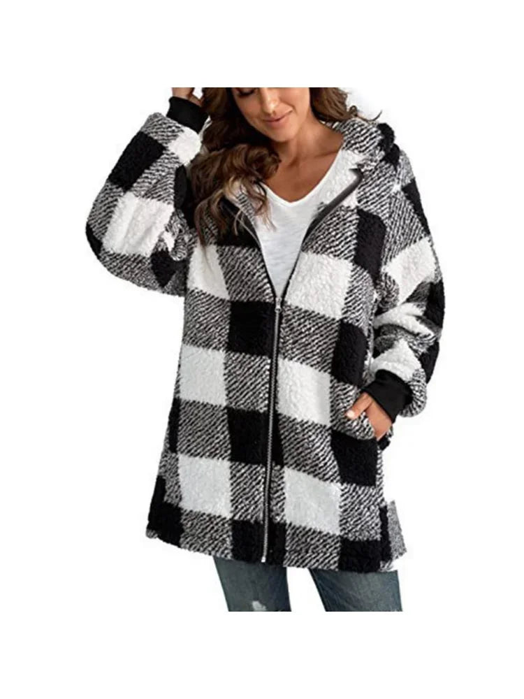 Plush women's coat 2026 long sleeve plaid hooded zipper loose coat with pocket coat women