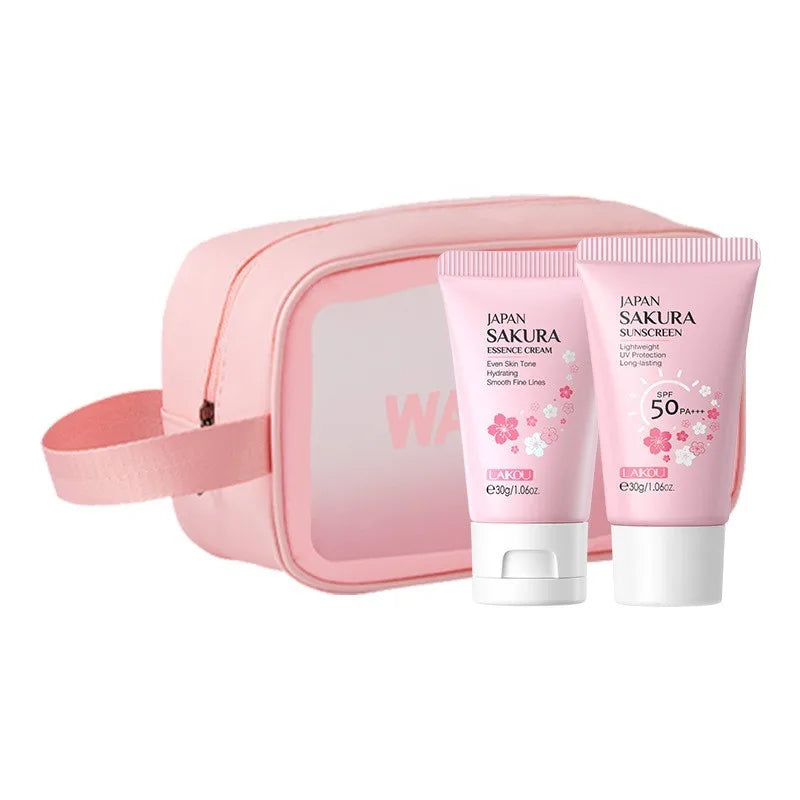 Korean Sakura Skincare Set Hydration Moisturize Cleanse Pores Sunscreen Protection Cosmetic Beauty