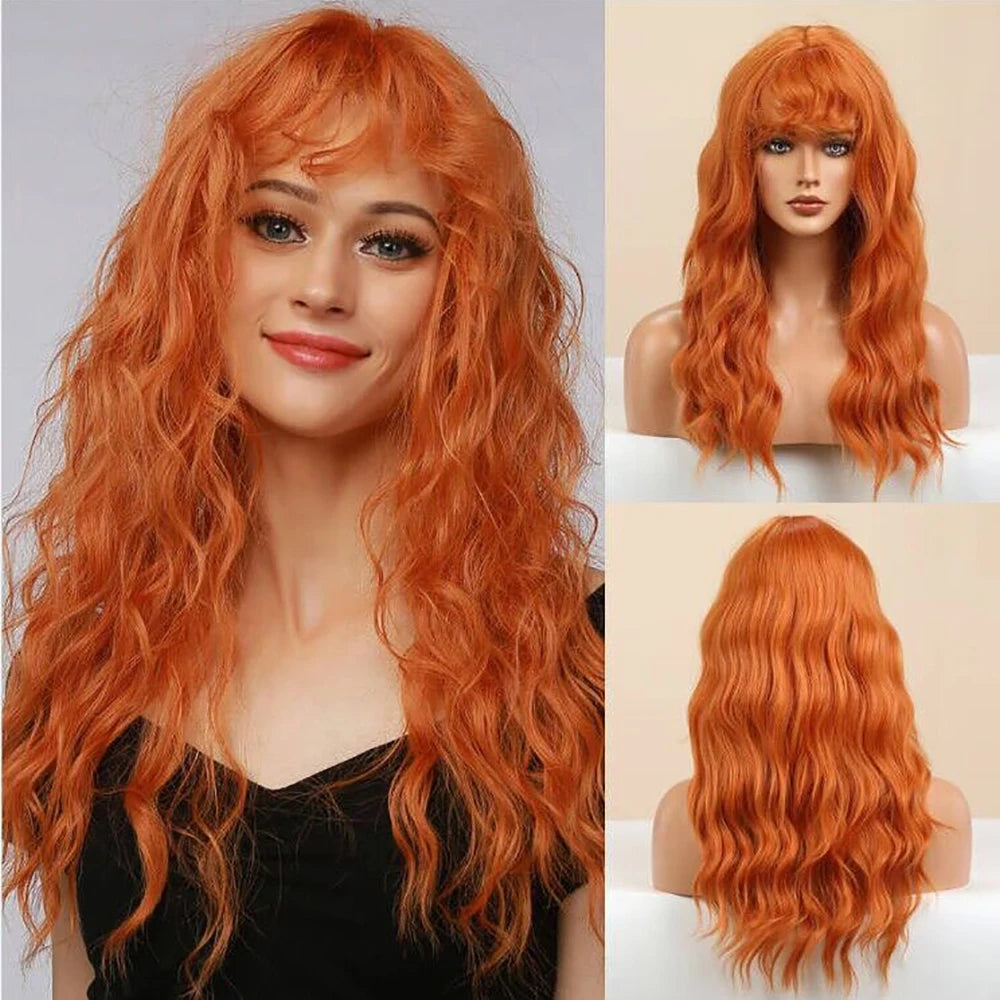 Brown Wavy Wigs for Women with Bangs Long Natural Synthetic Hair Wig Daily Cosplay Heat Resistant