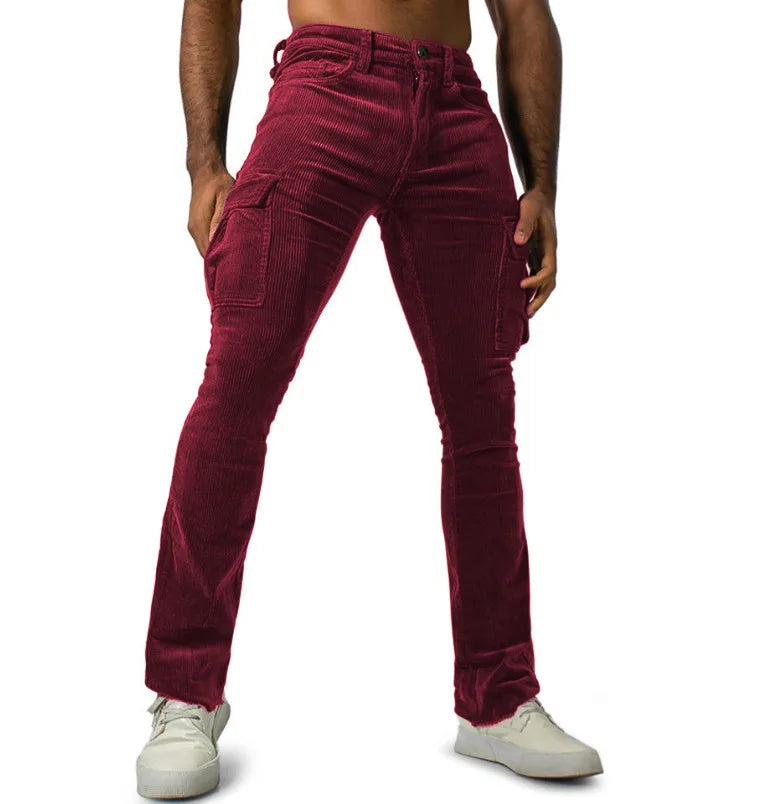 Men's Stretch Work Pants with Multiple Pockets Slim Fit Running Pants, Corduroy Casual Pants Breathable Street Style and Warm