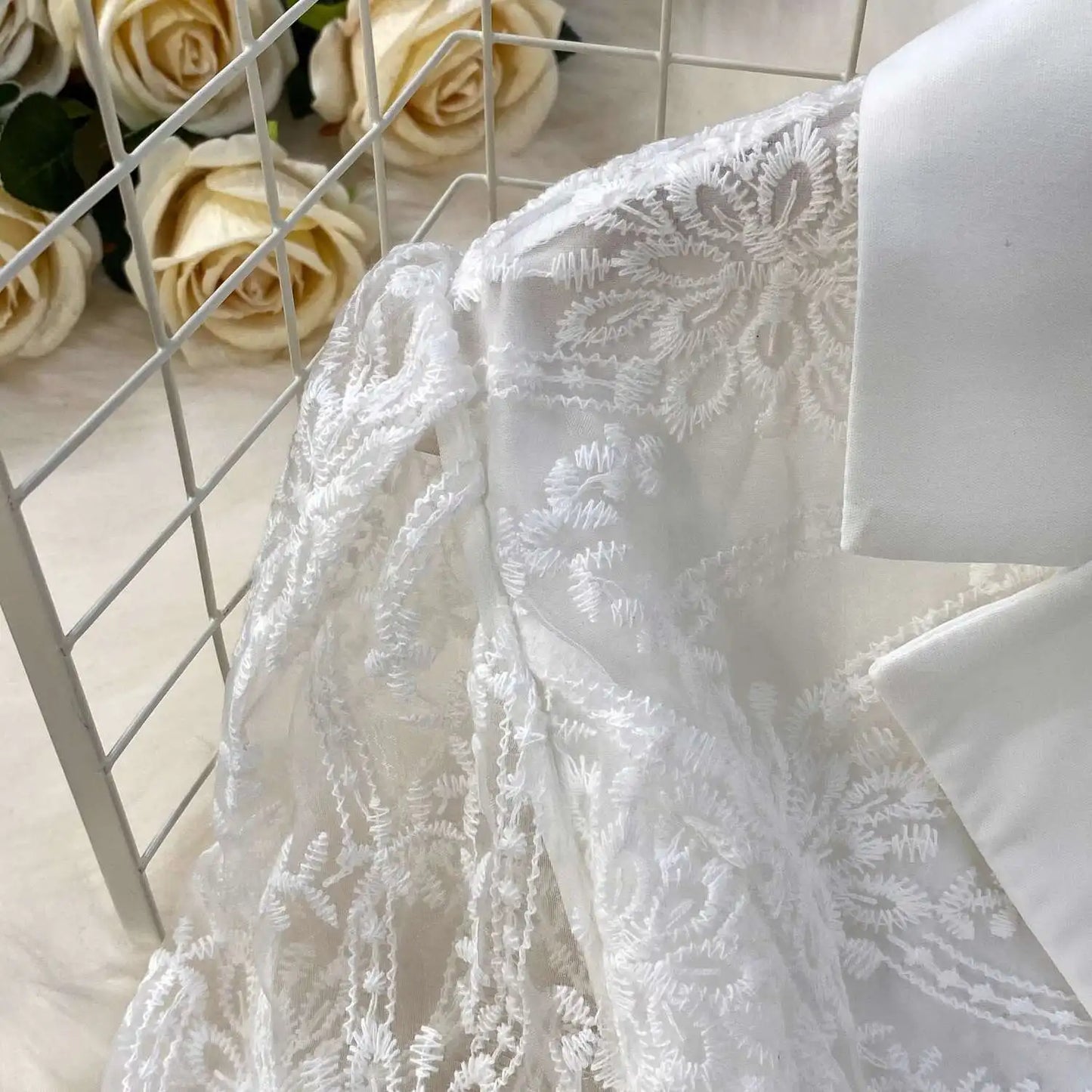 Designer Runway Lace Blazer Dress – Luxury Embroidered Long Gown for Elegant Evenings