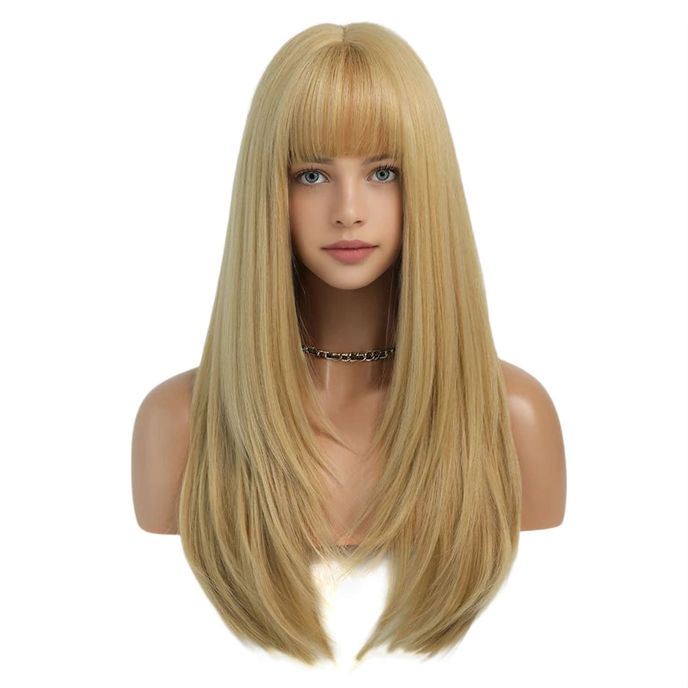 Blonde Long Straight Hair Wig Women Wig with Bangs Heat Resistant Synthetic Wig Halloween Cosplay Daily Natural Fake Hair