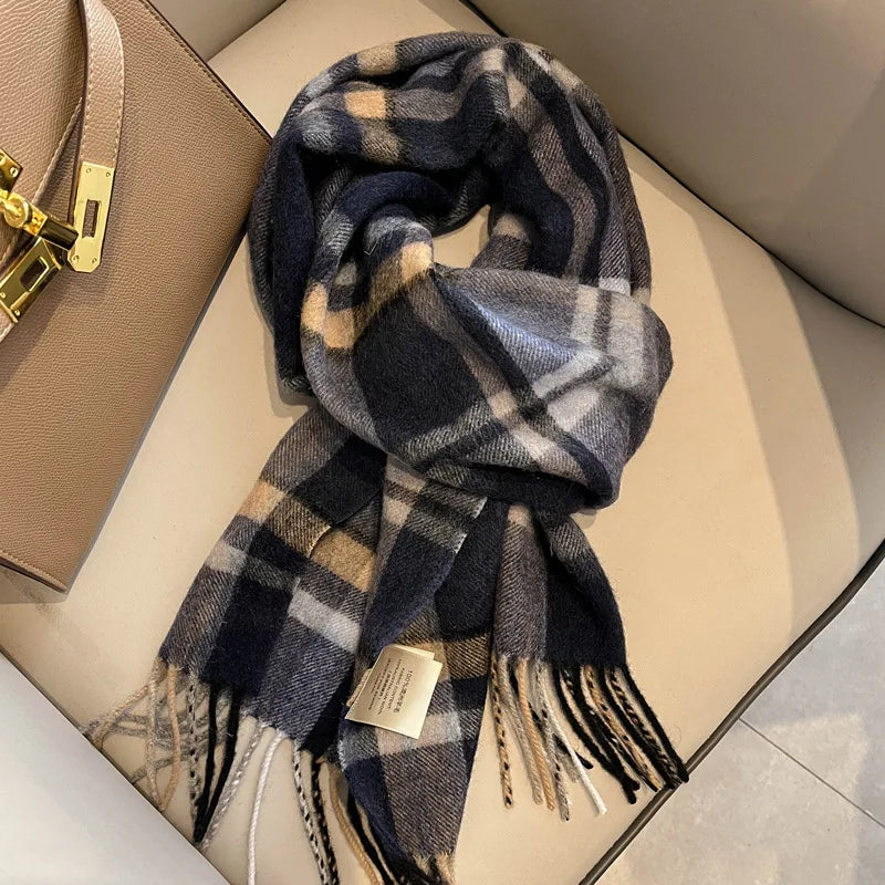 100% Wool Women Scarf Autumn Winter Vintage Preppy Style Plaid Wrap Scarve Pashmina Mujer Femme Foulard Bufanda Shawl Unisex Men