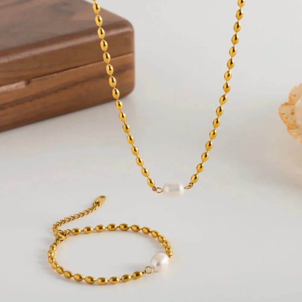 Statement Natural Pearl Charm Beaded Stainless Steel Necklace for Women Gold Color Collarbone Chain Minimalist Jewelry Set