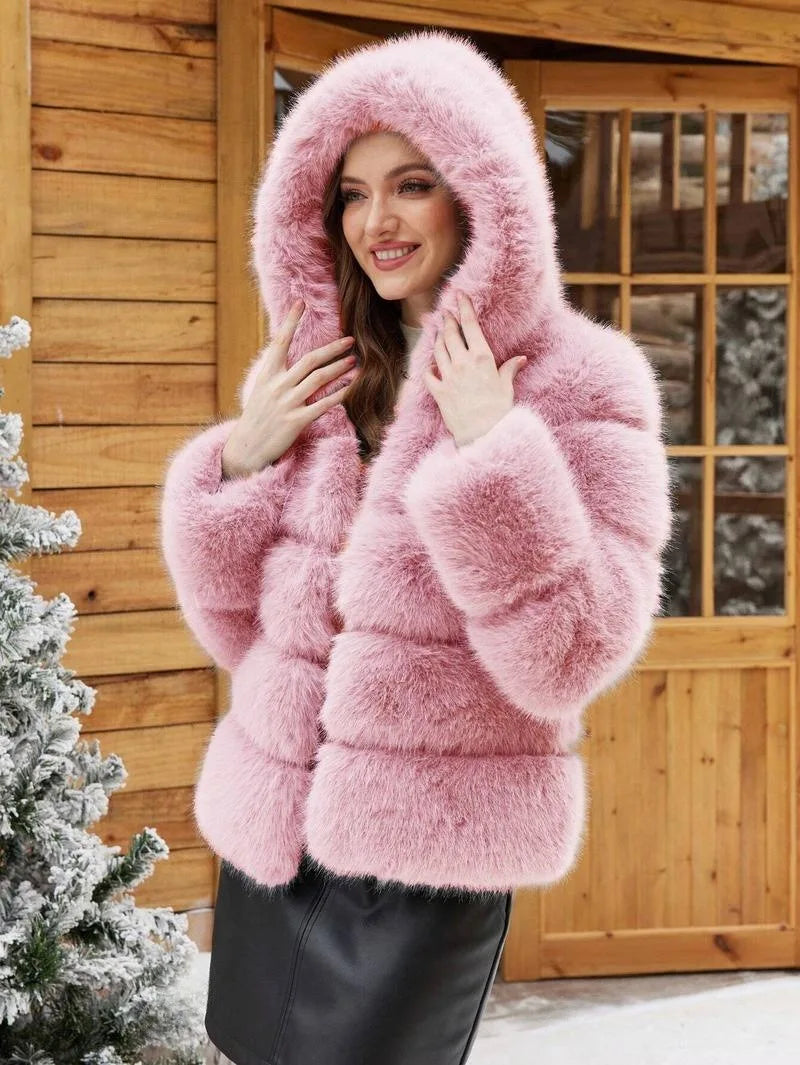 Luxe Women's Short Hooded Faux Fox Fur Coat Fashion Streetwear with Faux Fur Trim Thickened Winter Faux Fur Outwear