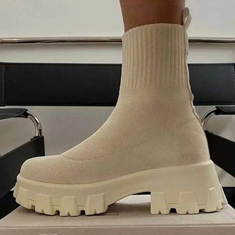 CloudStep Luxe Platform Sock Shoes Boots – Chunky Knit Stretch Boots with Heels | Trendy Women’s Fashion Streetwear Shoes