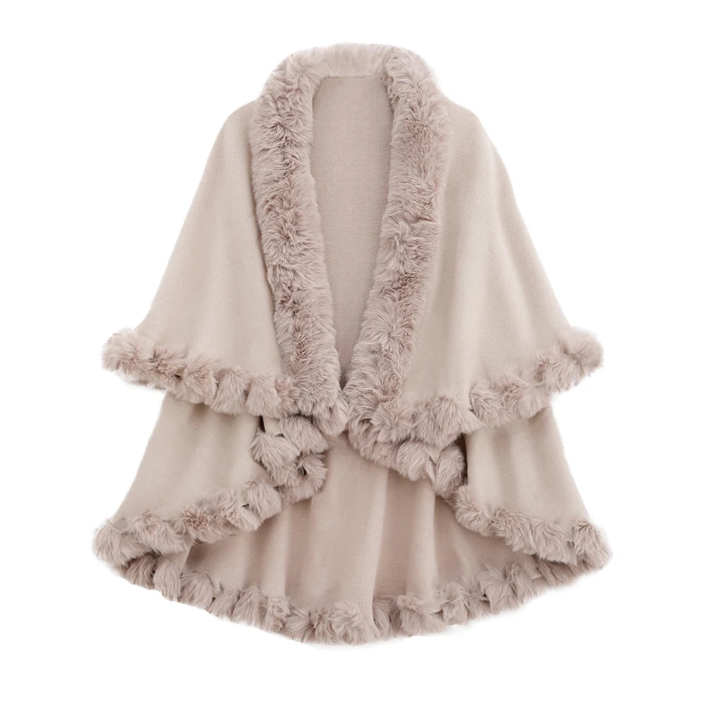 Double Layer Faux Fur Trim Womens Knitted Poncho Shawl Warm Cape Multiple Colors Ideal for Fall and Winter Daily and Formal Wear