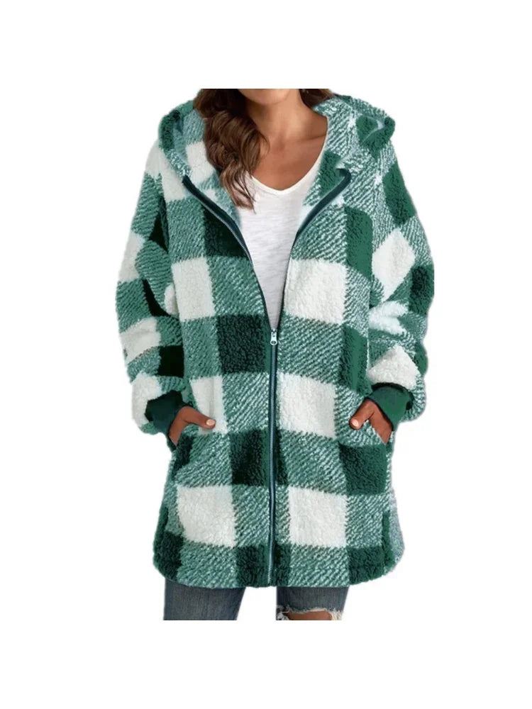 Plush women's coat 2026 long sleeve plaid hooded zipper loose coat with pocket coat women