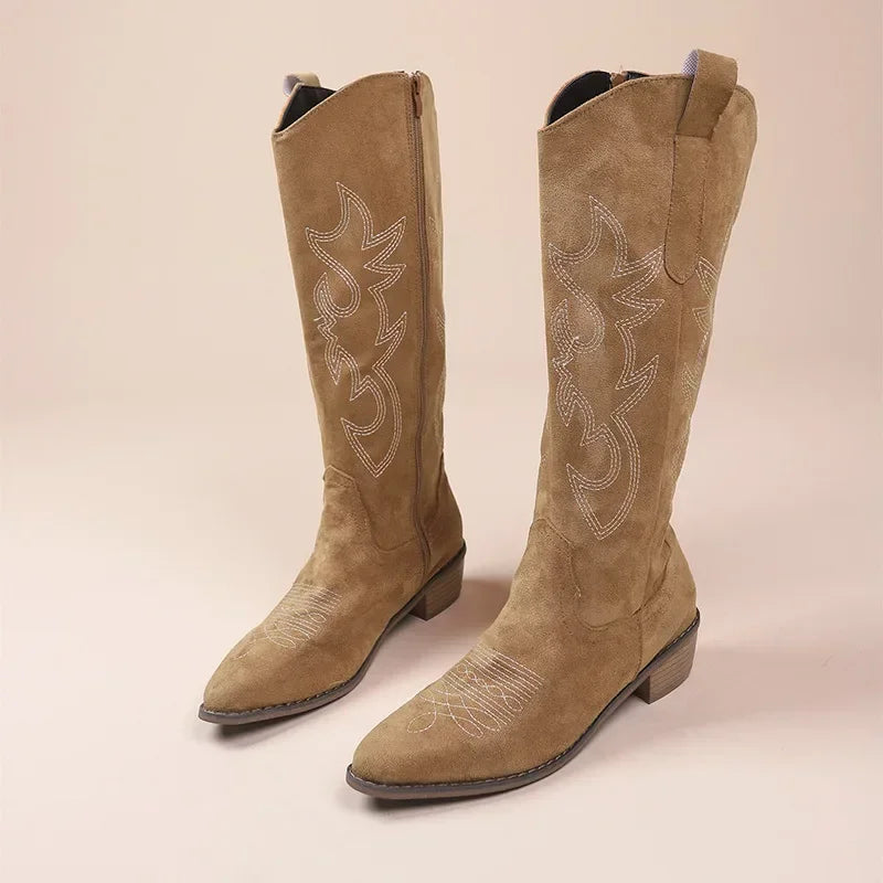 Embroidered Western Cowboy Boots for Women - Pointed Toe Knee High Boots with Thick Heel