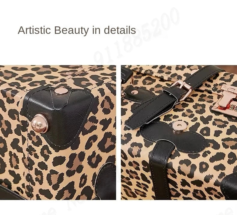 Trendy Retro Luggage Women's Roller Trunk Leopard Print Leather Suitcase 20" Boarding Box Set Waterproof Password Suitcase