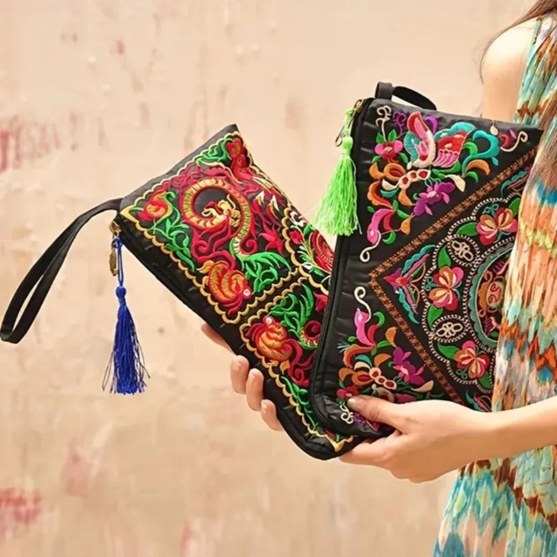 Retro Style Square Purse Ethnic Style Phone Clutches Floral Embroidered Bag Zipper Storage Bag Flower Fabric Clutch Bag