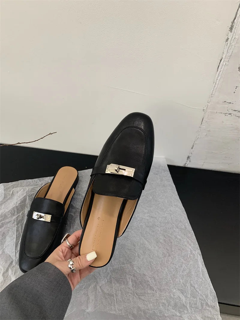2025 Summer Autumn New Women's Leather Comfortable Slip On Slippers Daily Metal Decoration Casual Outside Mules Female Sandals