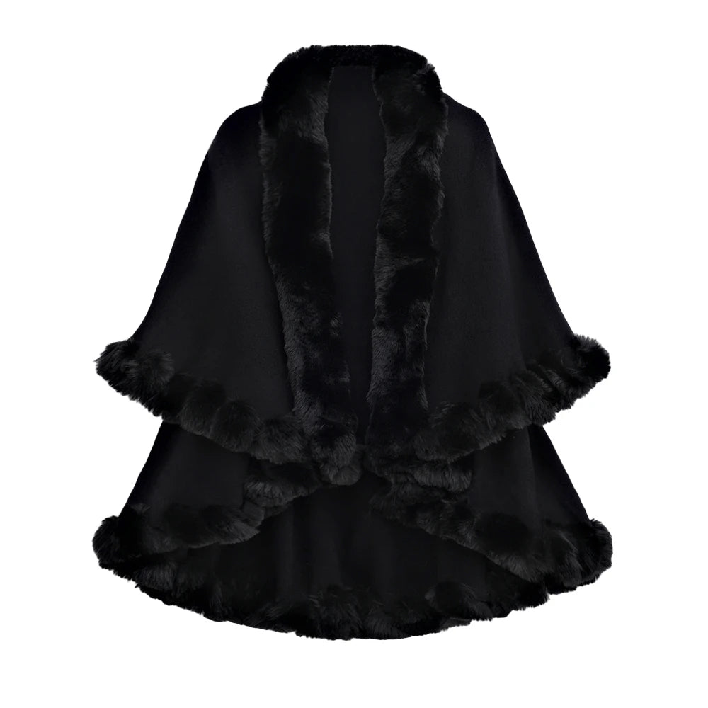 Double Layer Faux Fur Trim Womens Knitted Poncho Shawl Warm Cape Multiple Colors Ideal for Fall and Winter Daily and Formal Wear