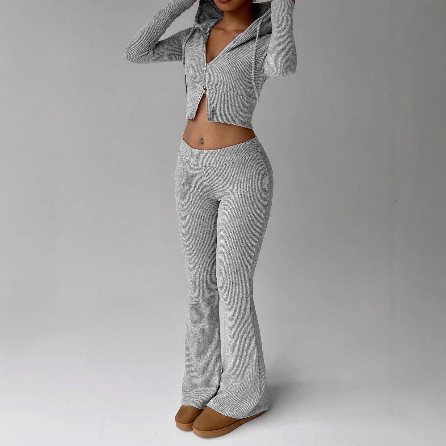 Cozy Women's Loungewear Set Zip-Up Hooded Top with Drawstring and Flared-Leg Trousers–Casual Fashionable Homewear