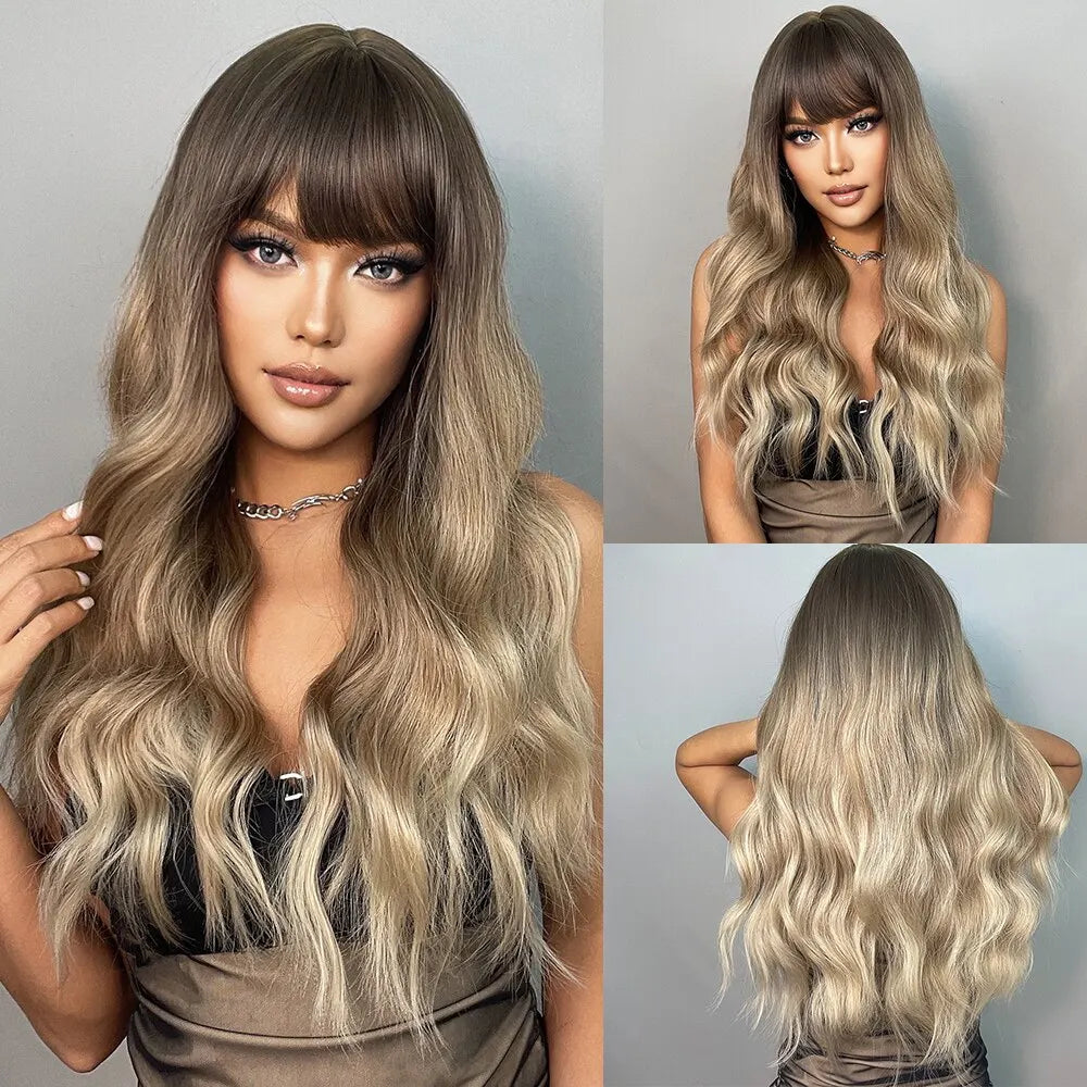 Brown Blonde Ombre Natural Hair Wigs for Women Long Wavy With Dark Roots Synthetic Wig for Women Heat Resistant Coaplay Wigs