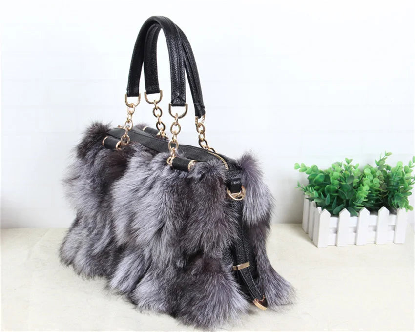 2026 Luxury Real Fox Fur Bag Winter Women Handbag Designer Luxury Bag Evening Party Bags Leather High Quality Shoulder Bag Natural Fur Bag