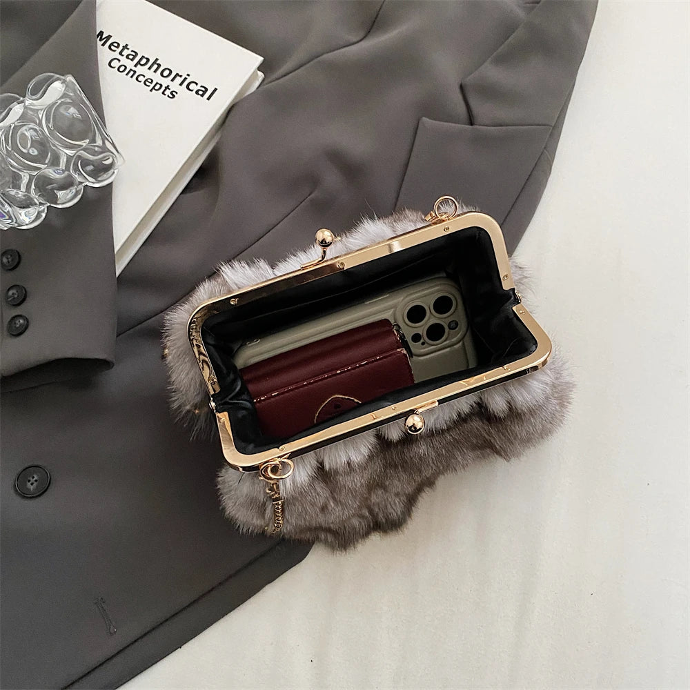 Luxury Soft Plush Evening Bags For Elegant Women Fox Fur Dinner Party Clutch Chain Crossbody Winter Warm Luxury Designer Handbags