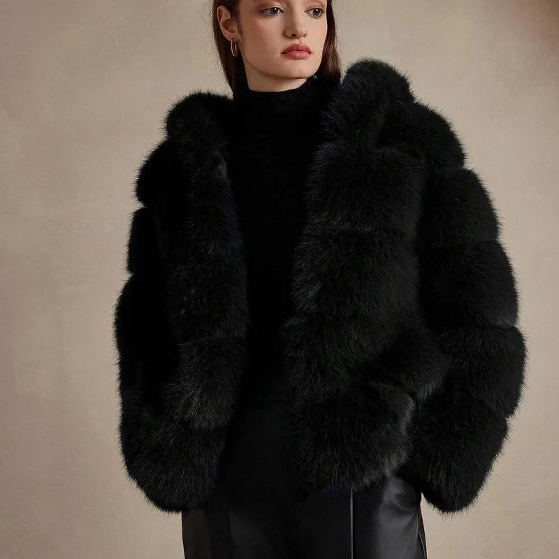 Luxe Women's Short Hooded Faux Fox Fur Coat Fashion Streetwear with Faux Fur Trim Thickened Winter Faux Fur Outwear