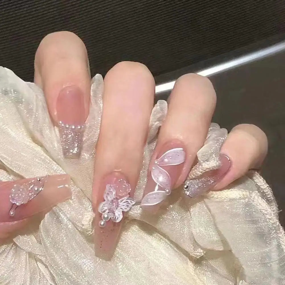24Pcs Glitter Diamond Press On Nails Blush Pink Cat Eye Fake Nails Sweet Cute Coffin Full Cover Short Square False Nail Tips Art