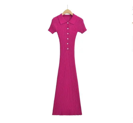 Hot pink ribbed knit mermaid dress with a button-up collar, fitted silhouette for beachwear or resort outings.