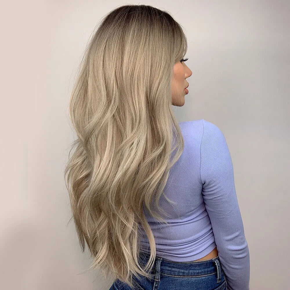 Brown Blonde Ombre Natural Hair Wigs for Women Long Wavy With Dark Roots Synthetic Wig for Women Heat Resistant Coaplay Wigs