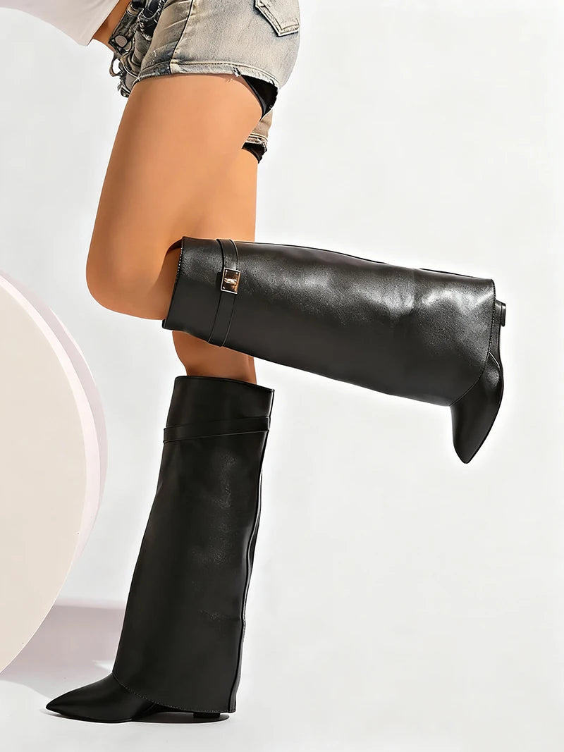 Designer Women's Long Boots - Wide Calf Shark Boots with Wedge Heel Knee High