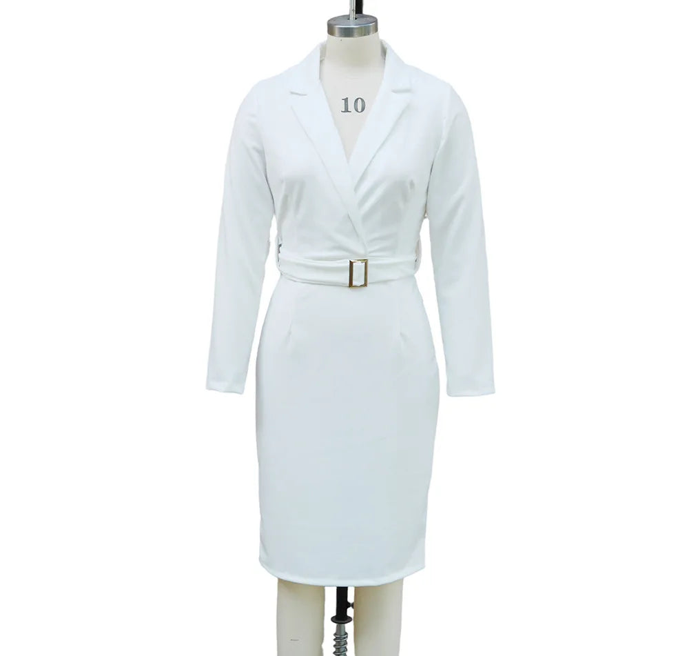 Elegant Deep V-Neck Suit Dress - Long Sleeve High Waist Office Dress with Sashes