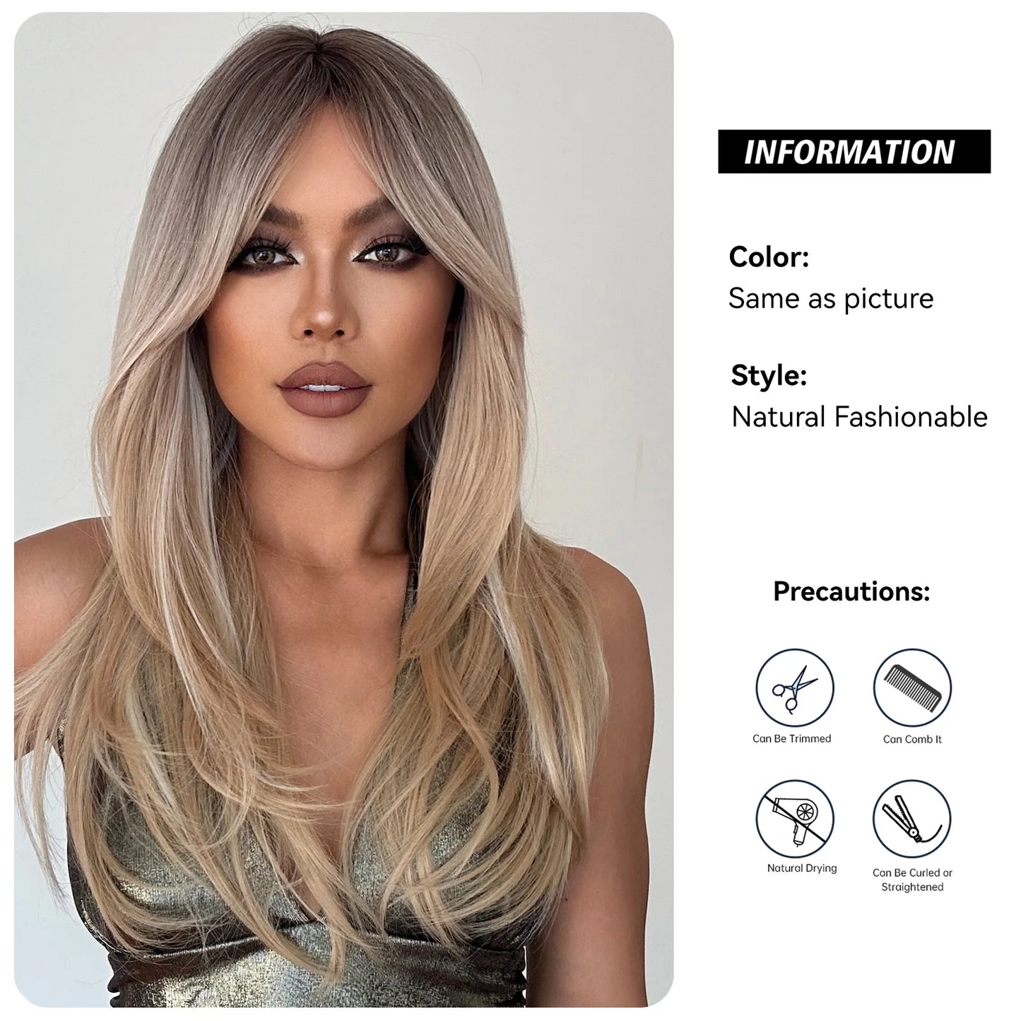 ALAN EATON Long Blonde Wigs for Women Synthetic Hair Wig with Fringe Ombre Color with Dark Roots Layered Wigs Heat Resistant
