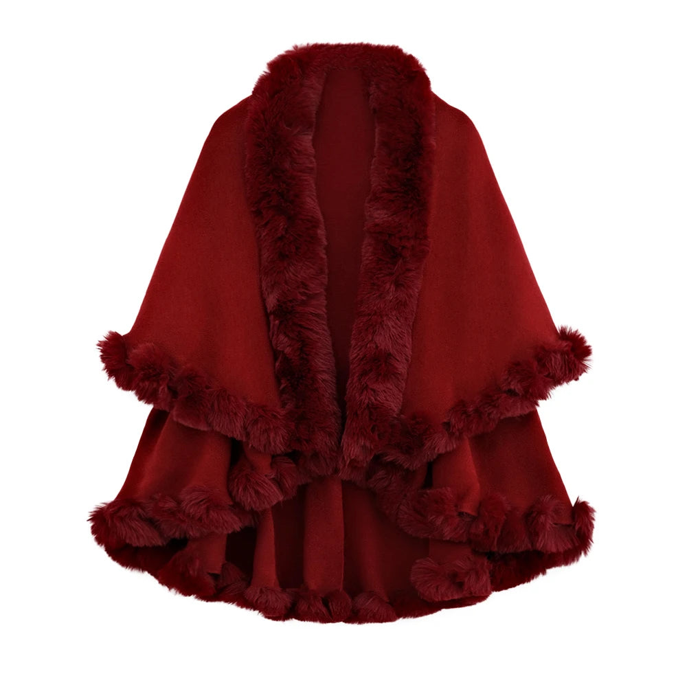 Double Layer Faux Fur Trim Womens Knitted Poncho Shawl Warm Cape Multiple Colors Ideal for Fall and Winter Daily and Formal Wear