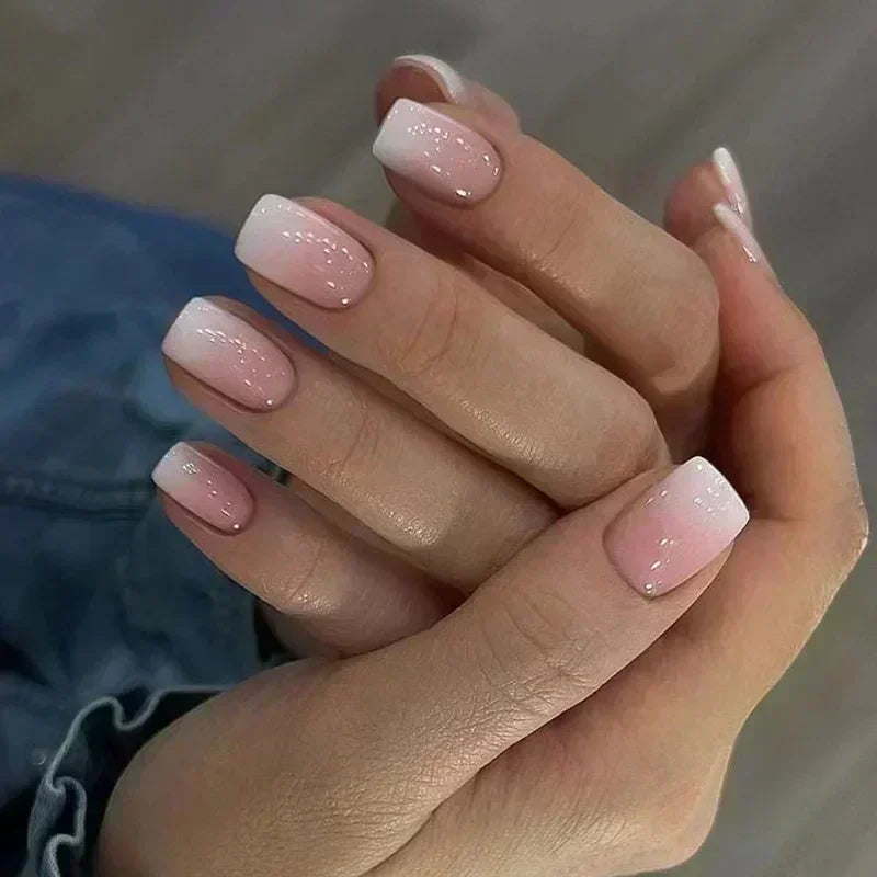 24Pcs French Tip Handmade Press On Nails Minimalist Solid Color Fake Nails Medium Square Full Cover Press On Nail Tips With Glue