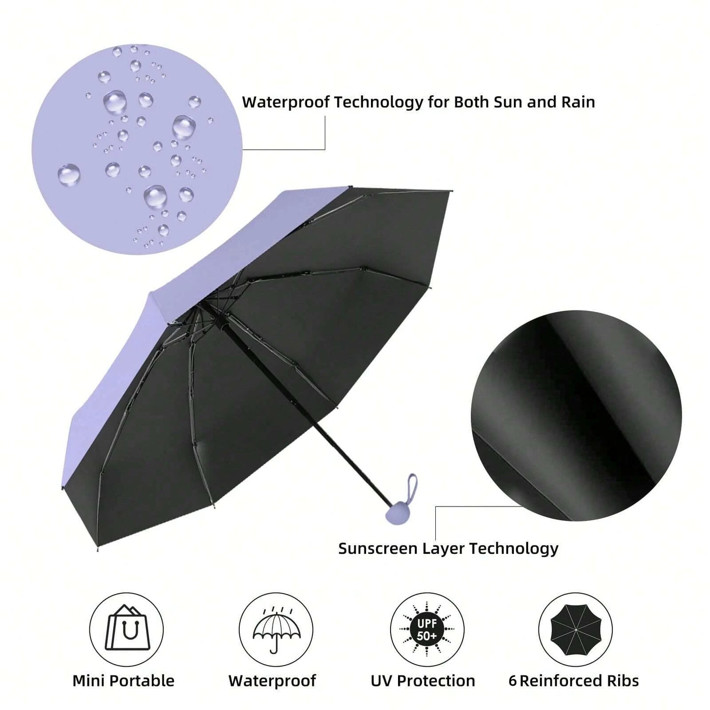 Anti-Uv Mini Umbrella For Sunny And Rainy Days, Portable With Uv Coating And 6 Reinforced Ribs