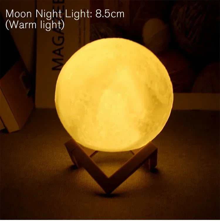 LED Moon Night Light 8cm - Battery Powered Starry Lamp with Stand for Bedroom Decor