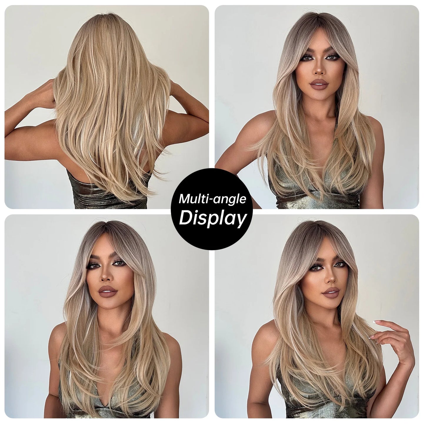 ALAN EATON Long Blonde Wigs for Women Synthetic Hair Wig with Fringe Ombre Color with Dark Roots Layered Wigs Heat Resistant