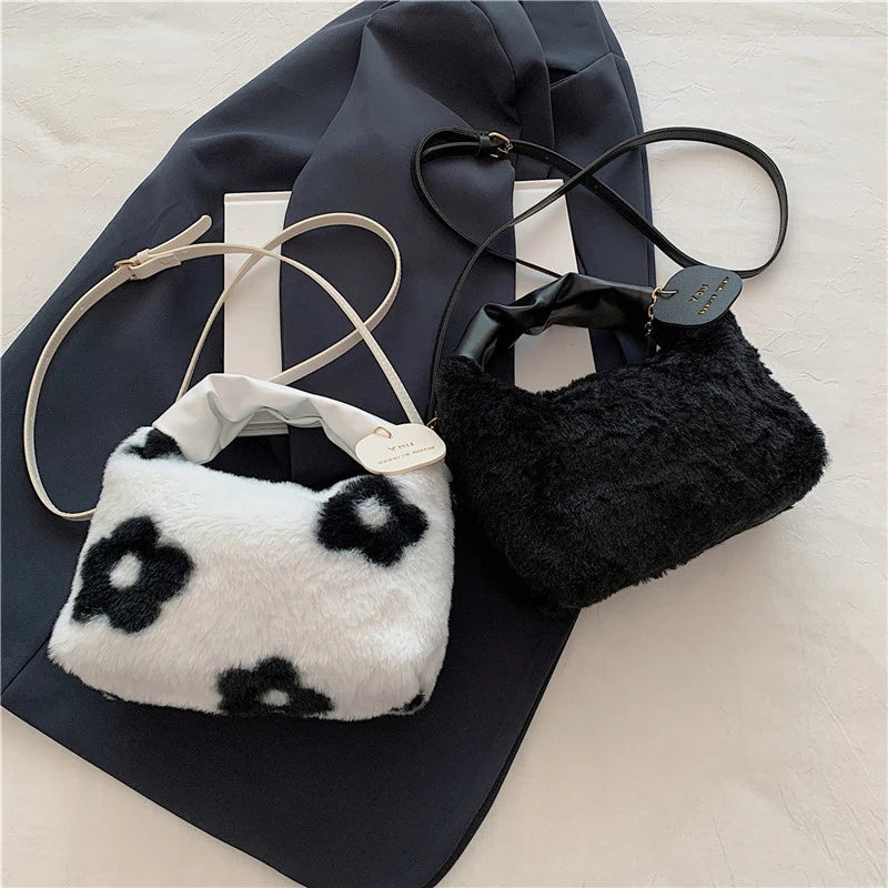 Women Faux Fur Plush Handbags Ruched Handle Small Lady Shoulder Crossbody Bag Casual Half-Moon Hobos Winter Bags for Women