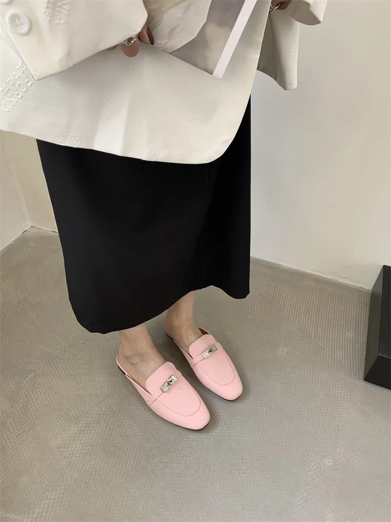 2025 Summer Autumn New Women's Leather Comfortable Slip On Slippers Daily Metal Decoration Casual Outside Mules Female Sandals