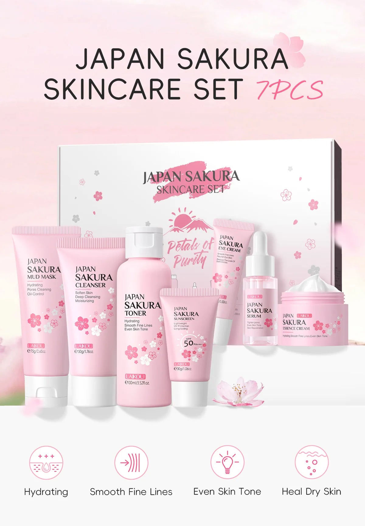 Korean Sakura Skincare Set Hydration Moisturize Cleanse Pores Sunscreen Protection Cosmetic Beauty