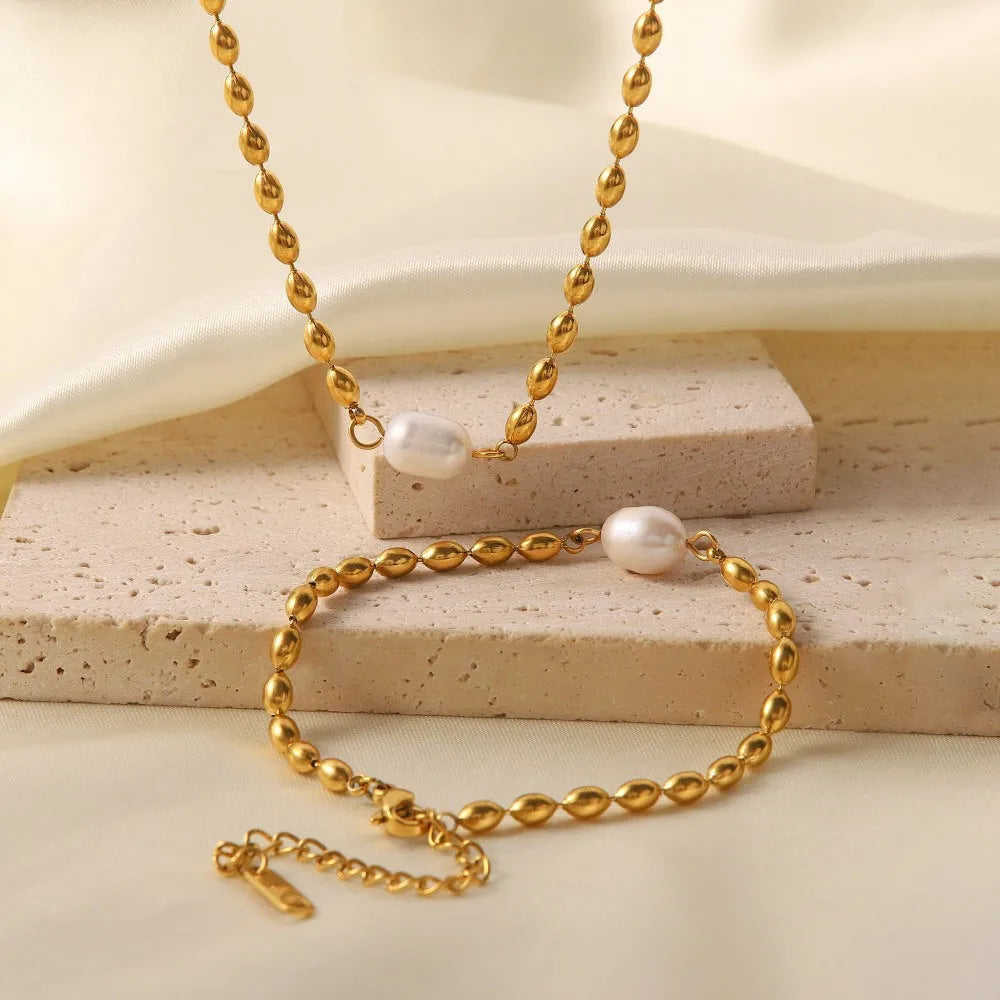 Statement Natural Pearl Charm Beaded Stainless Steel Necklace for Women Gold Color Collarbone Chain Minimalist Jewelry Set