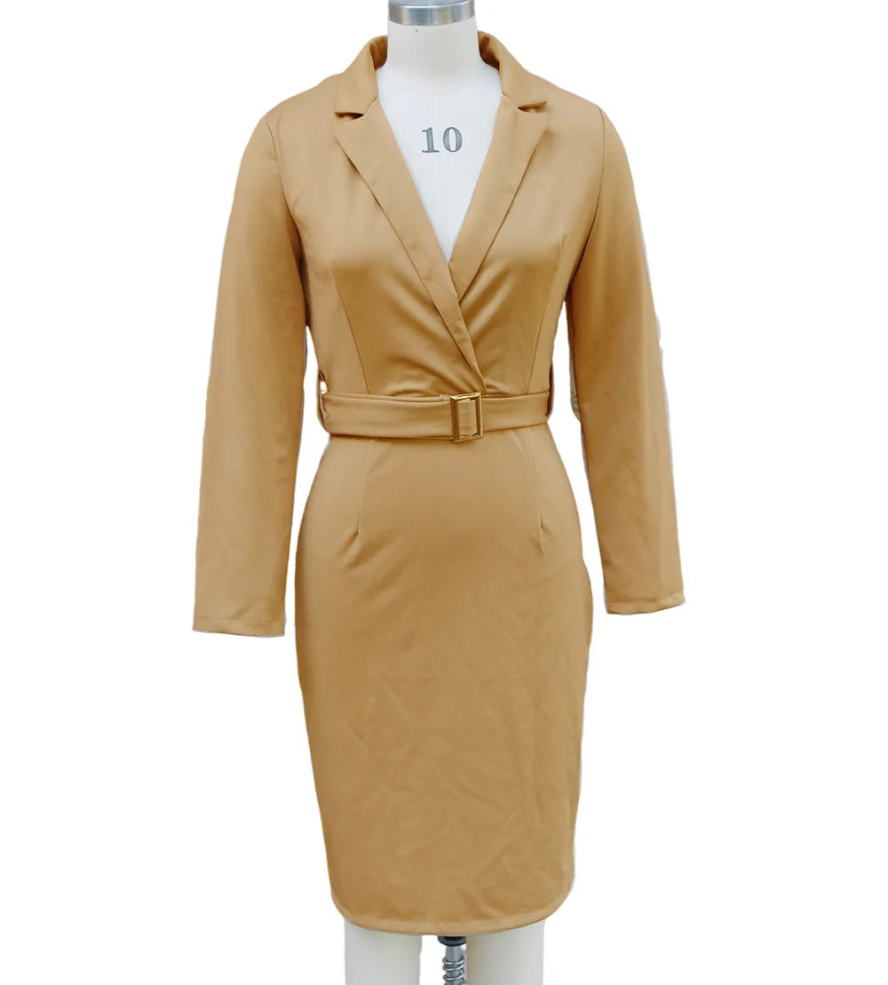 Elegant Deep V-Neck Suit Dress - Long Sleeve High Waist Office Dress with Sashes