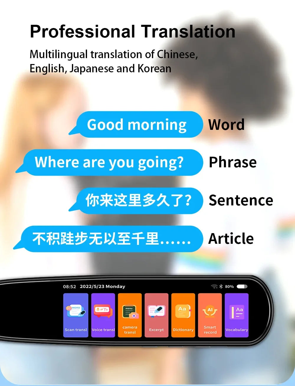 2026 Smart AI Scan Pen – 134 Languages, Voice & Photo Translator, 3.38” Touchscreen, Offline Record & Instant Translation
