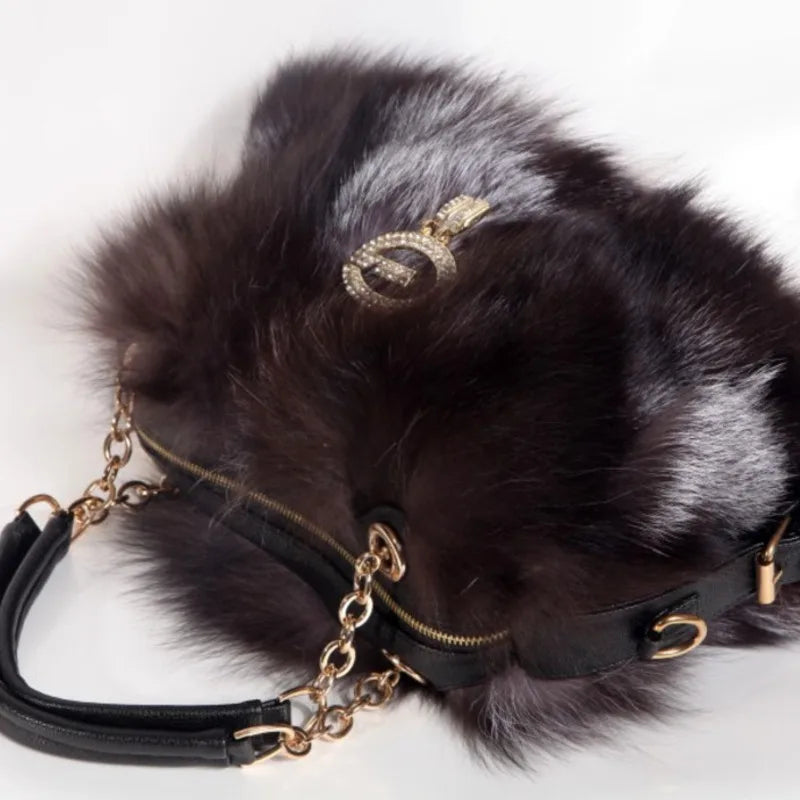 Real Fur Women Handbags Women Luxury Fox Fur Bag Fashion Female Furry Handbag Real Leather Evening Bag Natural Fur Shoulder Bag