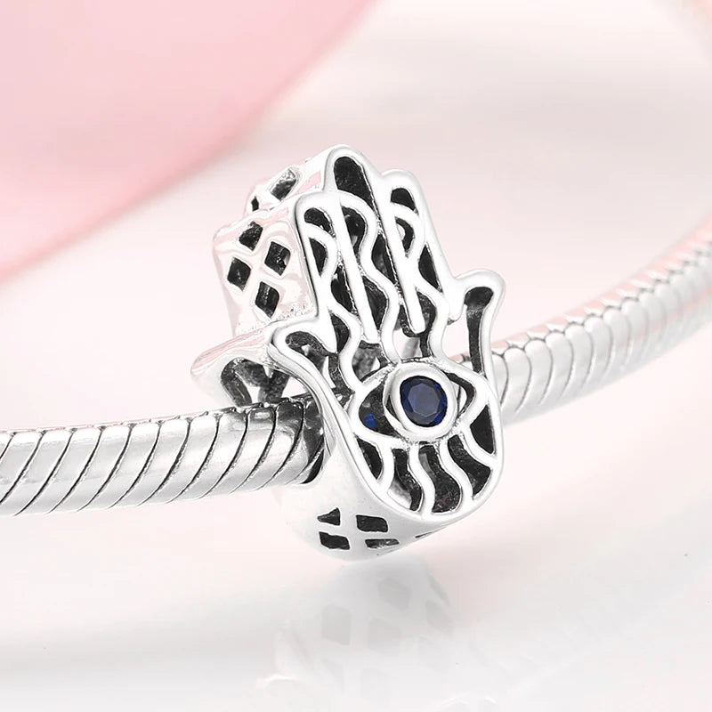 925 Silver Blue Enamel Fatima Hand Charm - DIY Jewelry Beads for Charm Bracelets