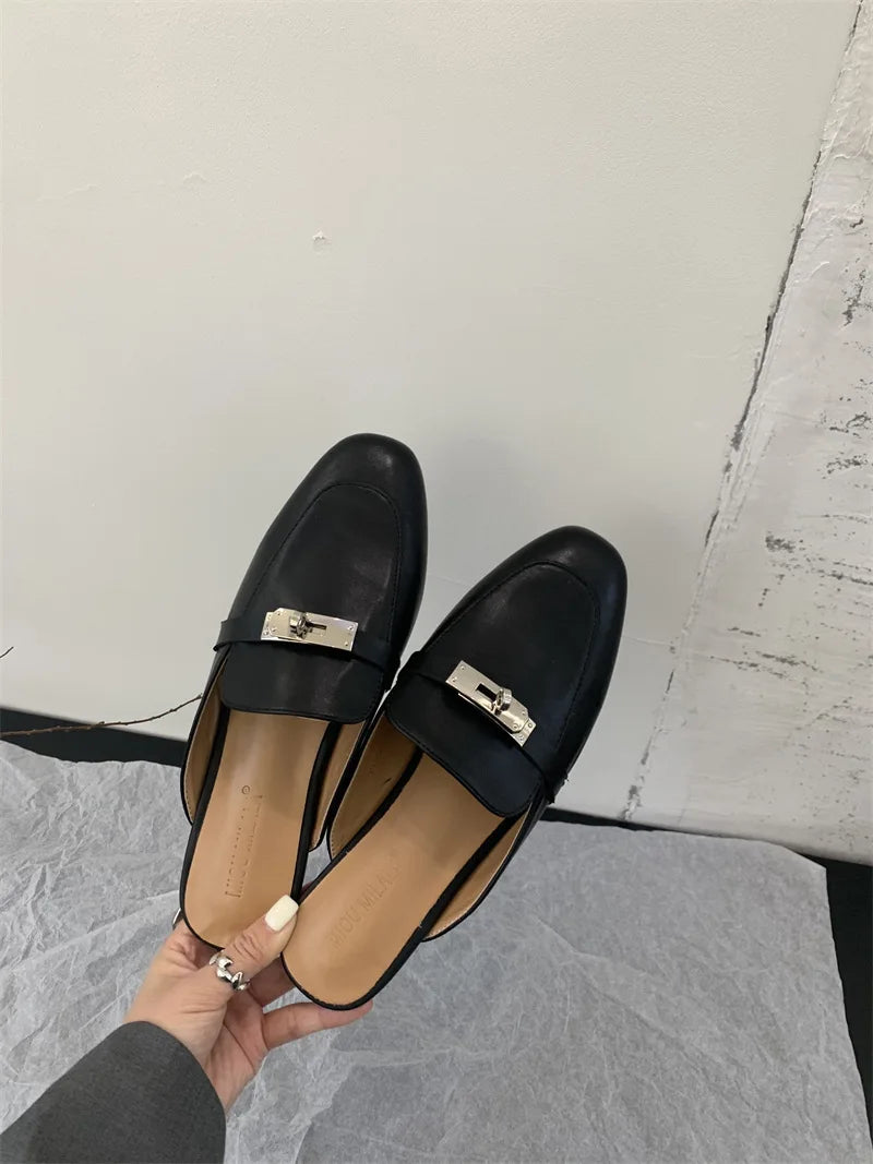 2025 Summer Autumn New Women's Leather Comfortable Slip On Slippers Daily Metal Decoration Casual Outside Mules Female Sandals