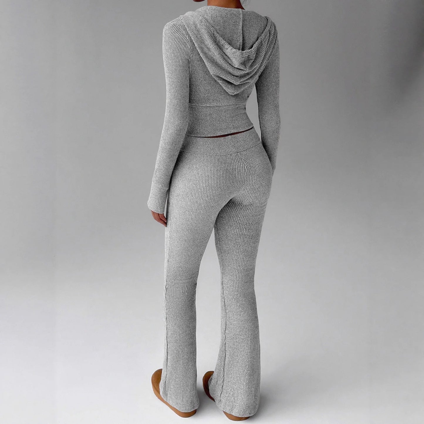 Cozy Women's Loungewear Set Zip-Up Hooded Top with Drawstring and Flared-Leg Trousers–Casual Fashionable Homewear